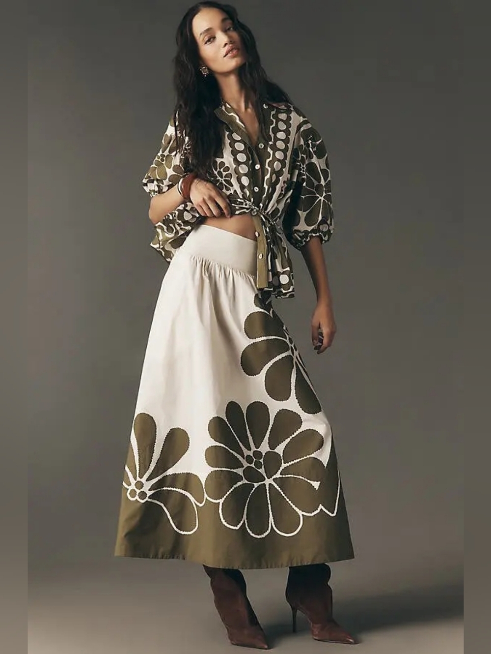 Farm Rio Palermo Olive and Cream Floral Border Midi Skirt Size Med